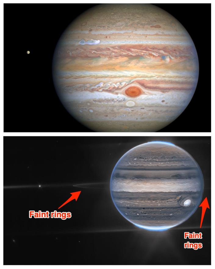 Hubble-Bild von Jupiter (oben) JWST-Bild von Jupiter (unten)