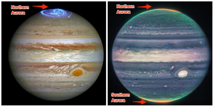 Hubble-Bild von Jupiter (links) JWST-Bild von Jupiter (rechts)