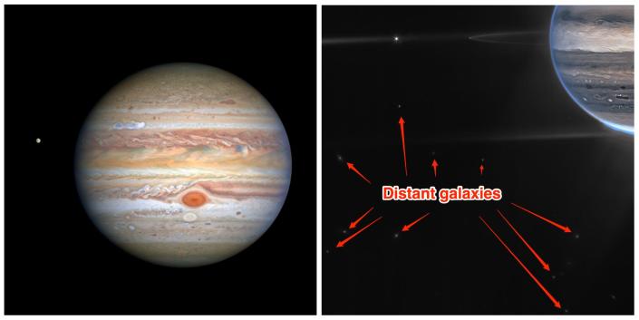 Unscharfe Flecken im Hintergrund von Jupiters Netzbildern sind Galaxien.