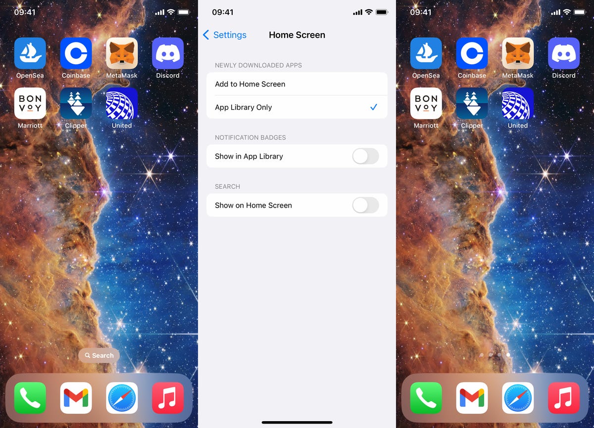 iOhone-Startbildschirm (mit und ohne Suchfeld) und Startbildschirm-Einstellungsseite