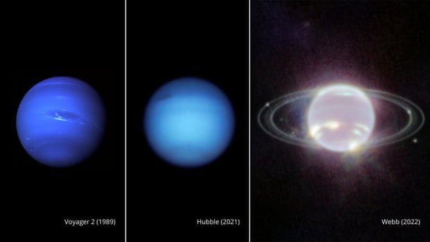 Nebeneinander Fotos von Neptun, aufgenommen von Voyager 2 im Jahr 1989, Hubble im Jahr 2021 und Webb im Jahr 2022.